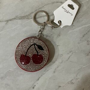 Keychain/Bag Charm Sparkling Silver Cherry 🍒 With Green Accents.